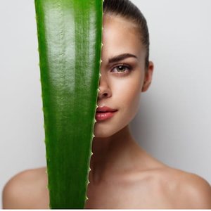 Lady with large Aloe Vera leaf in front of her face